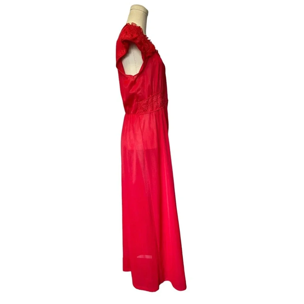 Vintage 50s 60s Red Lace Nylon Slip Dress Opaque Full Length Lingerie Size 38